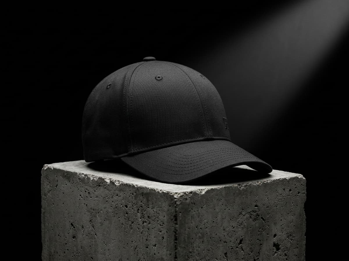 Studio product shot of premium black cap, concrete block, spotlight lighting, minimalist aesthetic