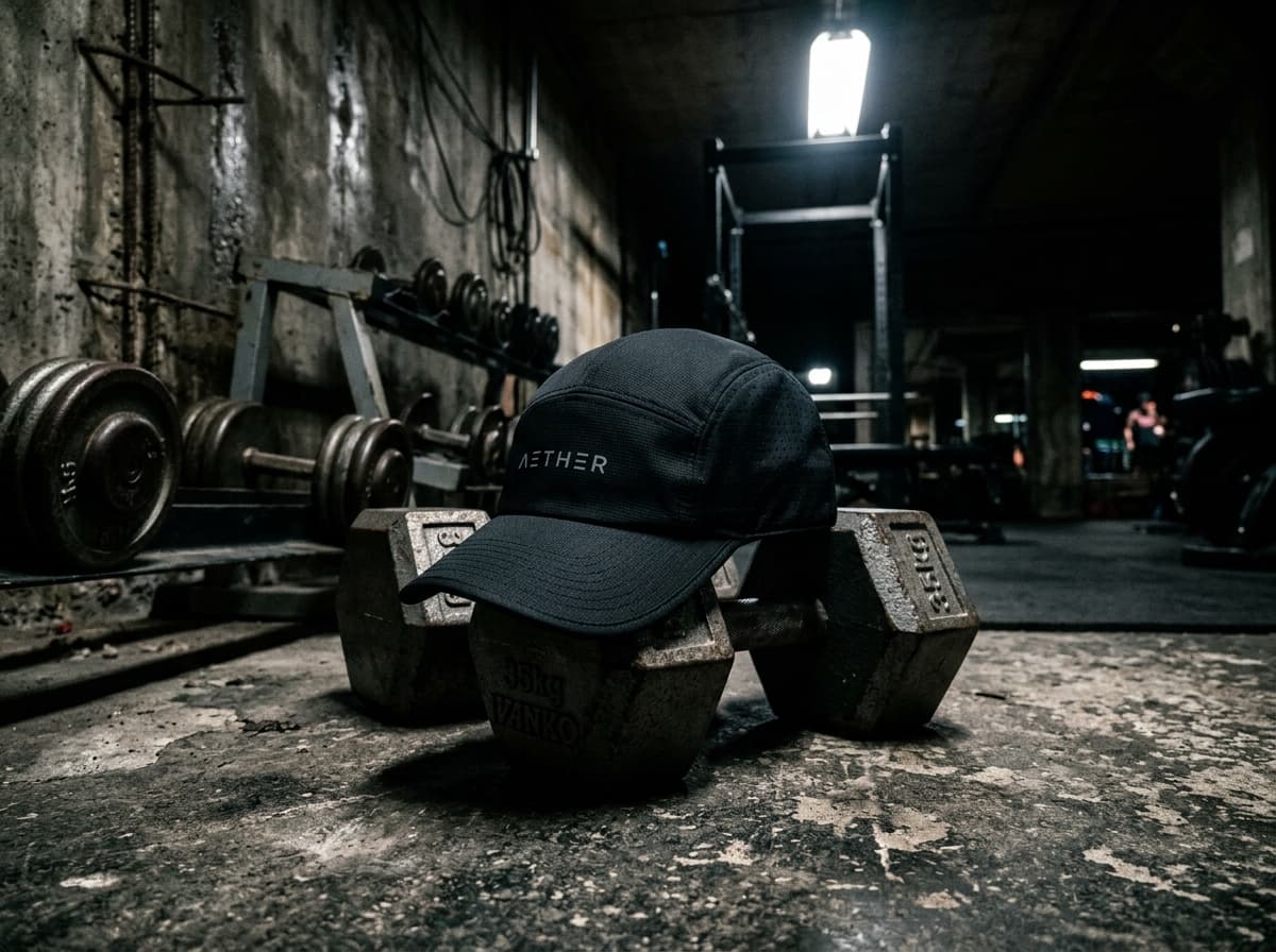 Athletic person in gym wearing performance cap, bright gym lighting, athletic apparel, focused expression