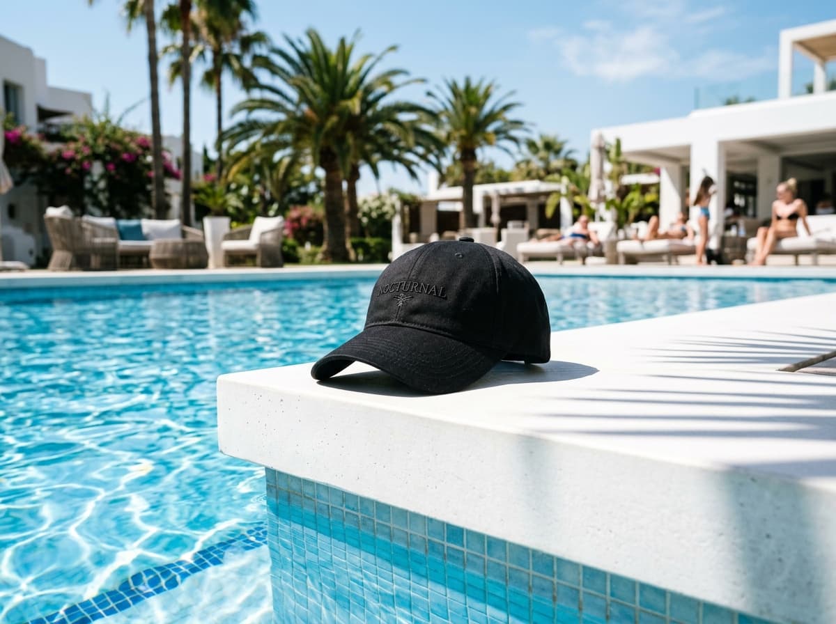 Summer vibe cap resting by a clear blue pool, bright sunlight, stylish resort background
