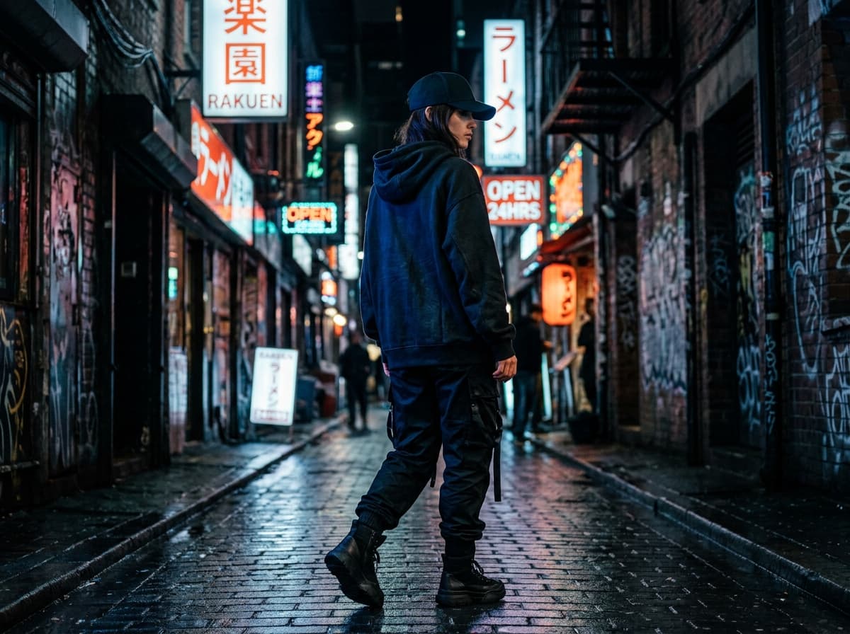 Urban model wearing streetwear cap, dark city streets at night, wet pavement reflections, moody low-key lighting