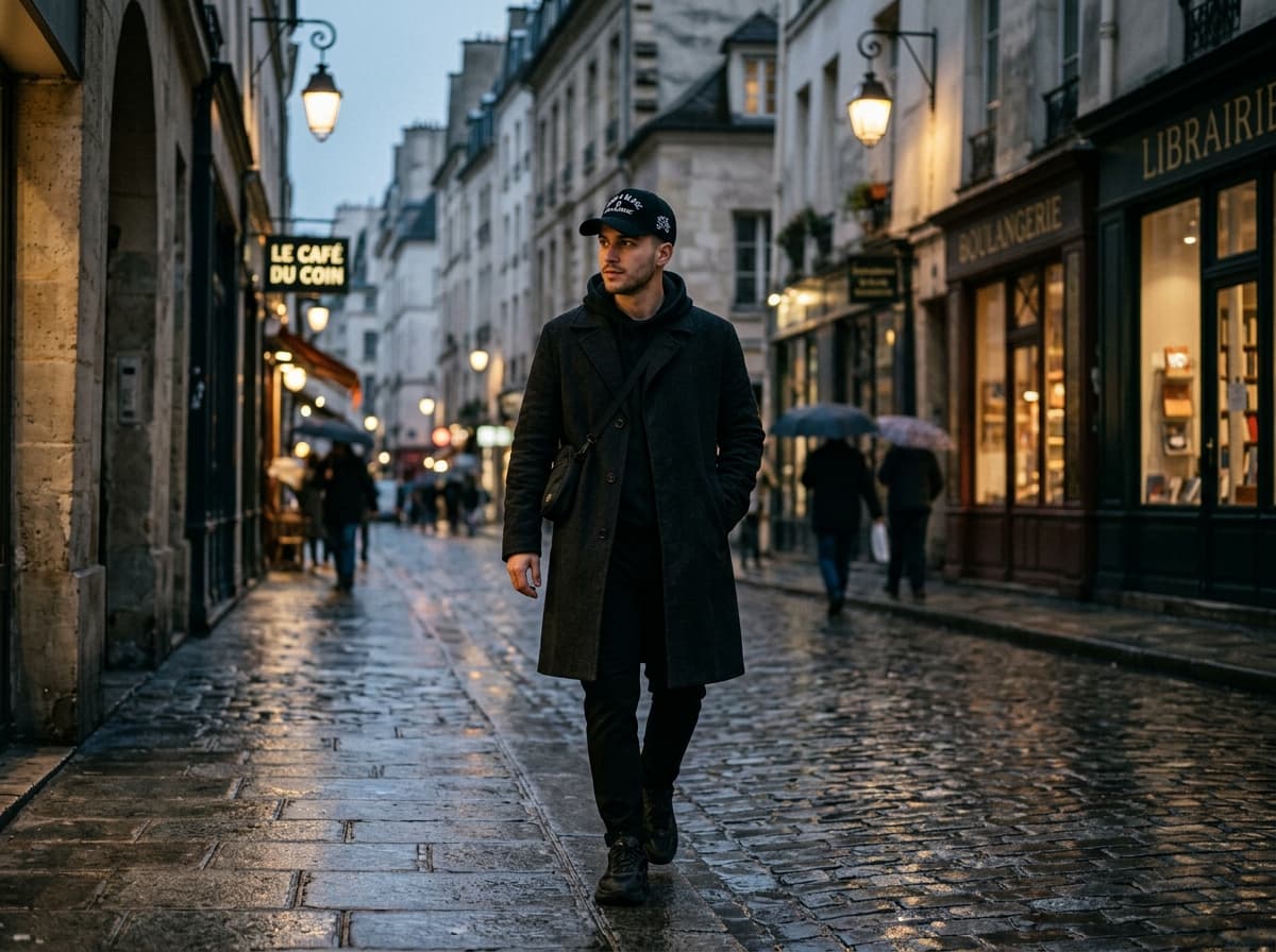 Stylish man in trench coat walking down european street