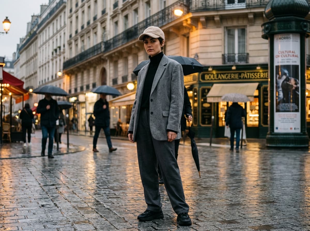 Woman in blazer wearing neutral cap in rainy city street