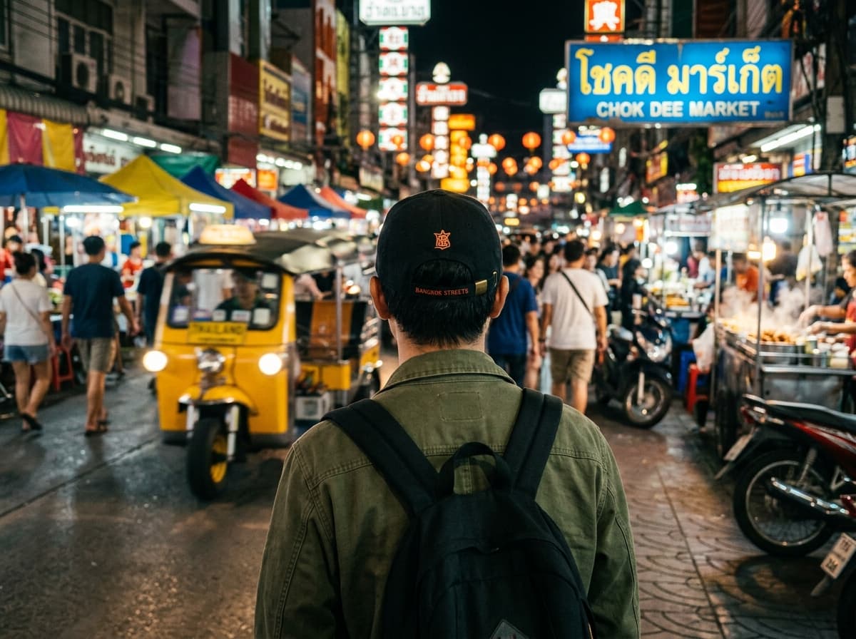 Man in asian market wearing TCD cap