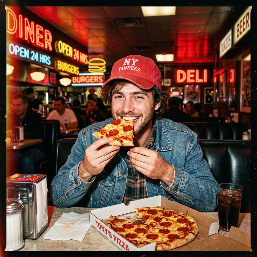 Man in diner eating pizza wearing red cap