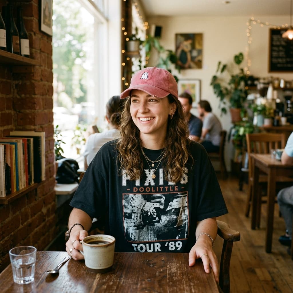 Woman in cafe wearing faded pink ghost cap