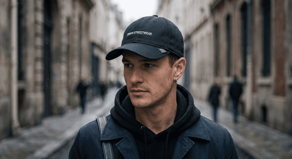 Editorial cap lookbook shot, dark urban environment, moody street lighting