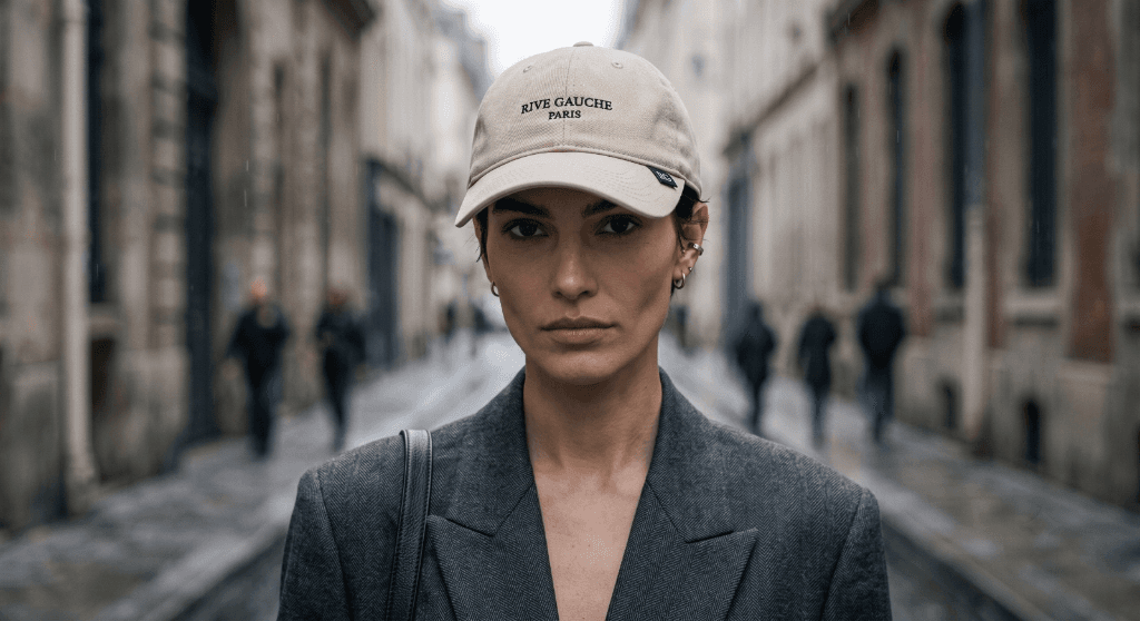 Woman in blazer wearing RIVE GAUCHE PARIS cap