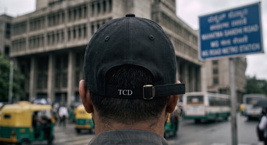 Street fashion cap editorial, bustling market background