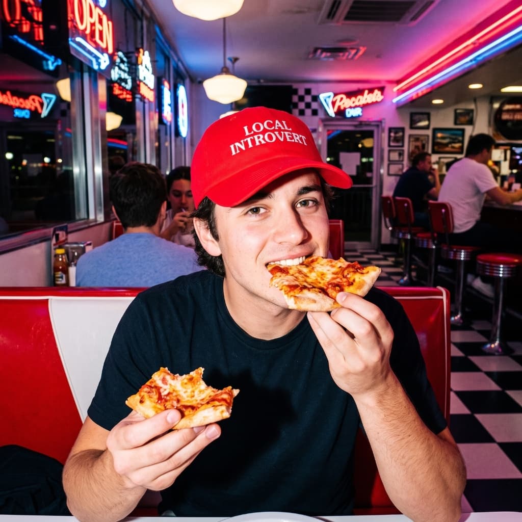 Man eating pizza wearing LOCAL INTROVERT cap