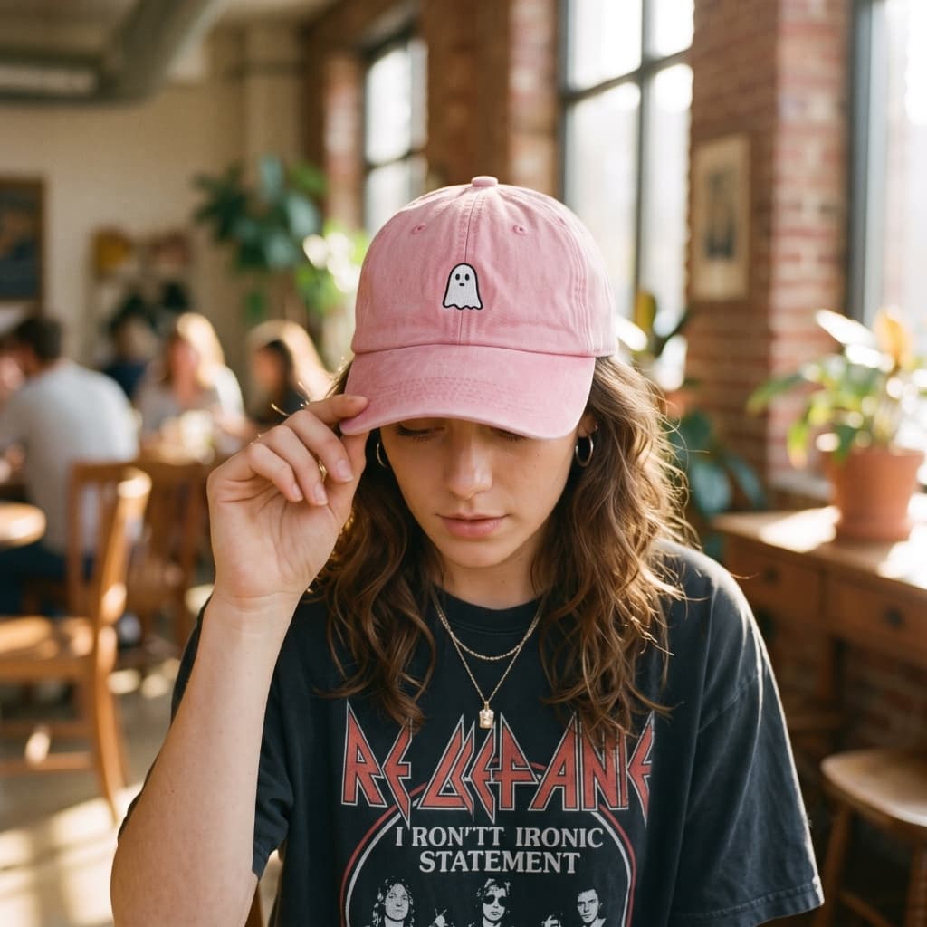 Woman in cafe wearing pink ghost cap